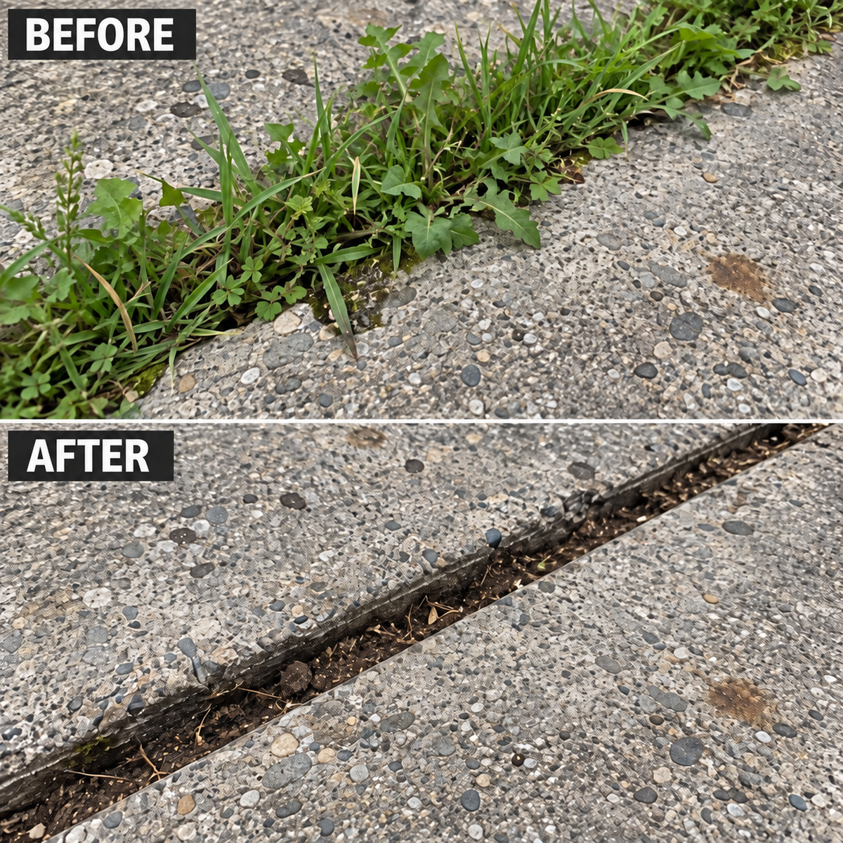 Driveway joint before and after close-up