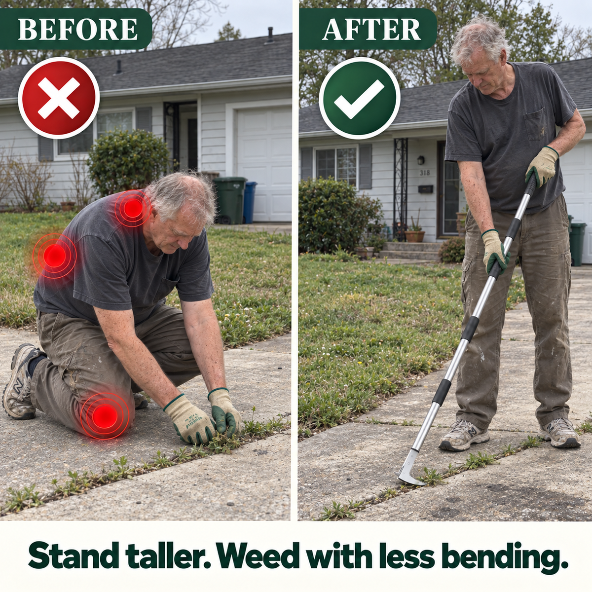 Older man kneeling to weed on left and using silver long-handled Ultimate on right